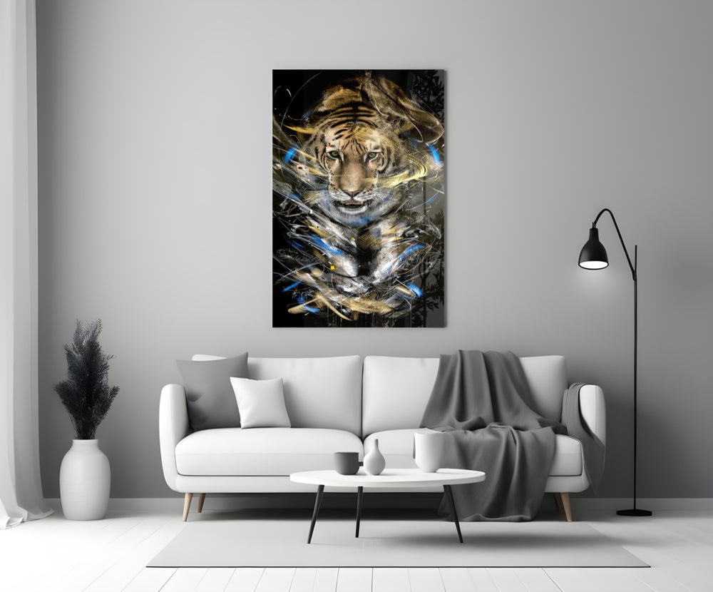 Tiger close-up showing striped head amid mustard cobalt brushstrokes