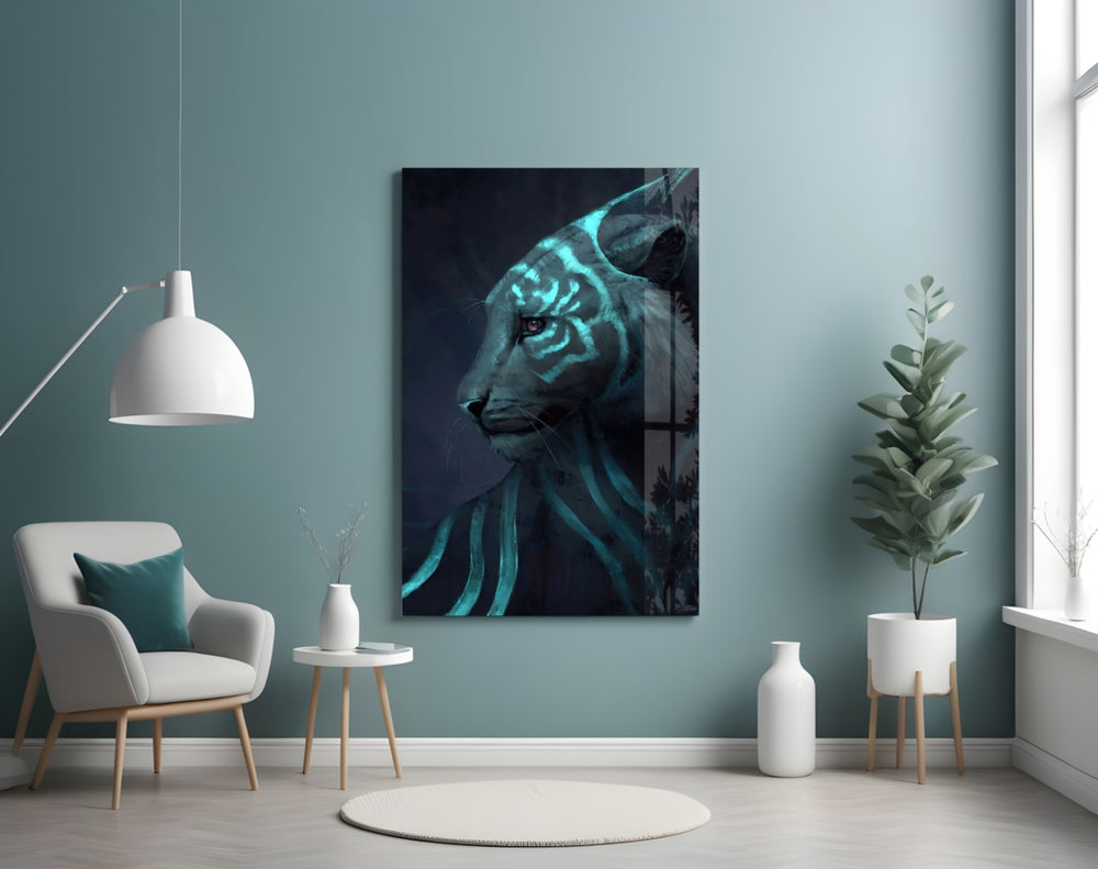 Neon Tiger glass wall art styled above a desk in a kids room
