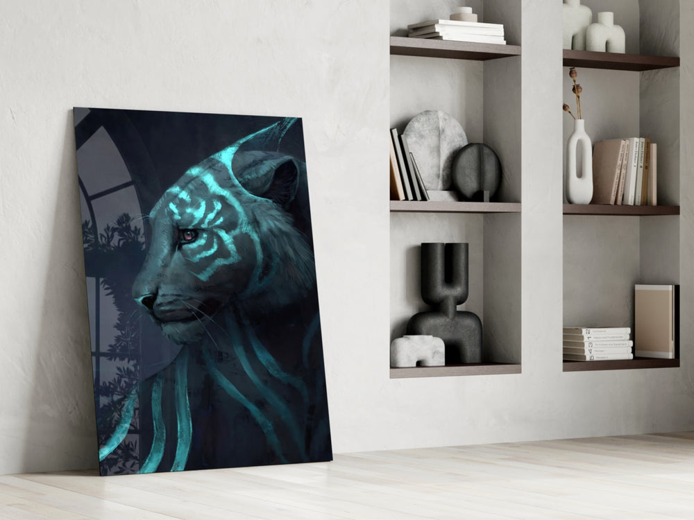 Neon Tiger glass print enhancing a gaming room with cinematic mood