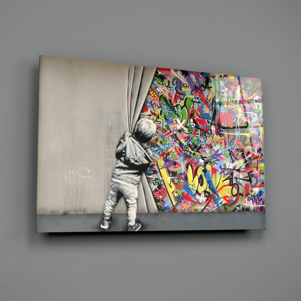 Graffiti-conceptual panel bringing electric whimsy to a contemporary lounge