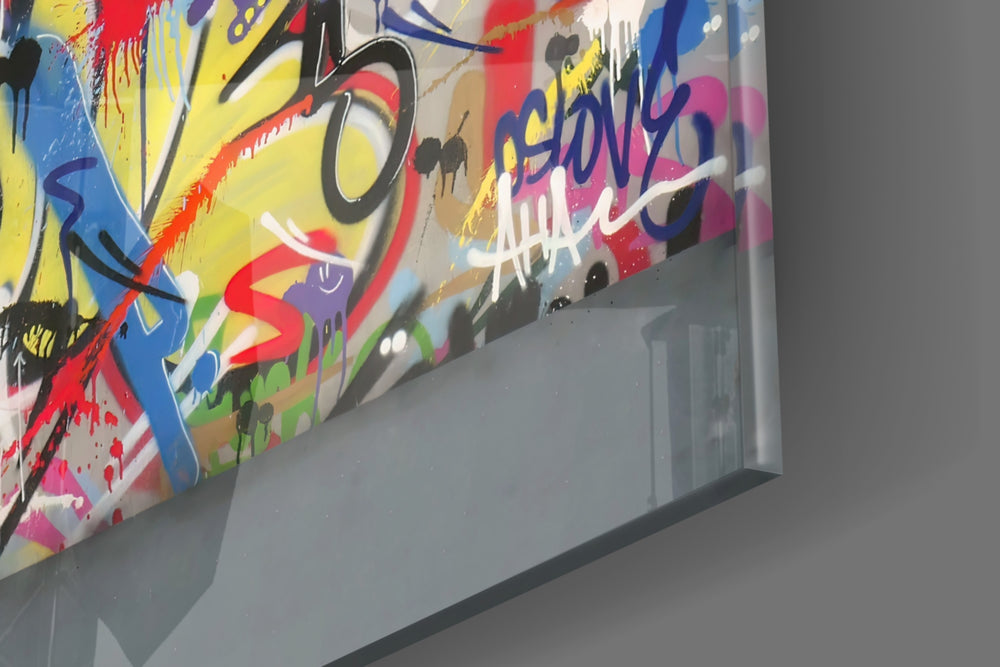 Behind the Curtain artwork anchoring a wall with bold conceptual palette