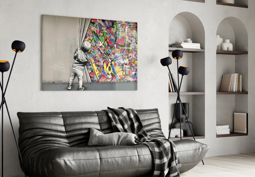 Behind the Curtain glass wall art styled above a desk in a kids room