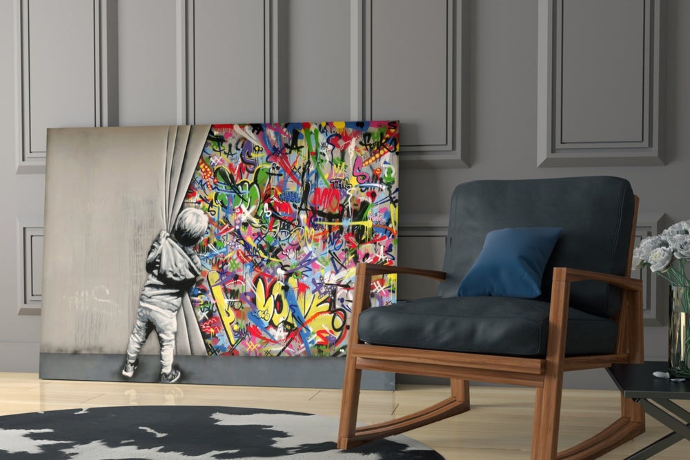 Behind the Curtain glass print enhancing a living room with cinematic mood