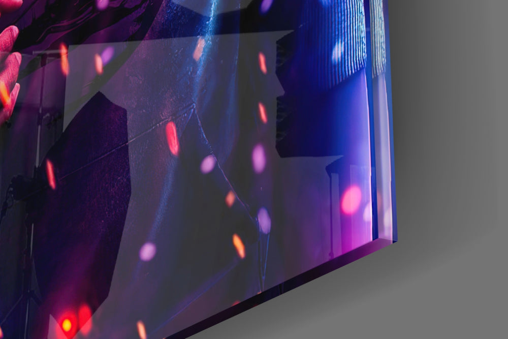 Neon Protest artwork anchoring a wall with bold neon-vibrant palette