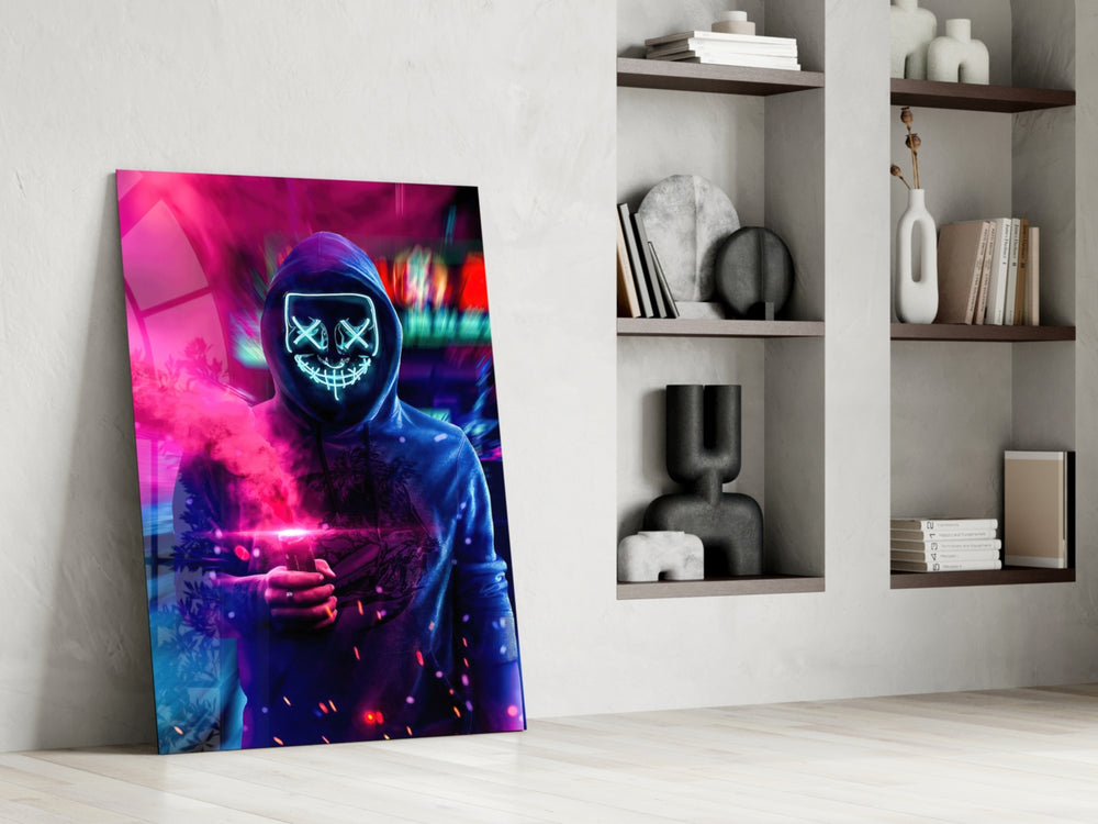 Neon Protest glass print enhancing a gaming room with cinematic mood