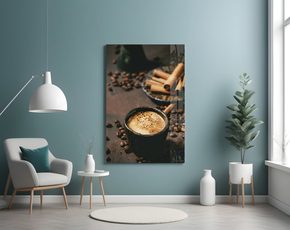 Cinnamon Coffee glass wall art styled above a coffee bar in a kitchen