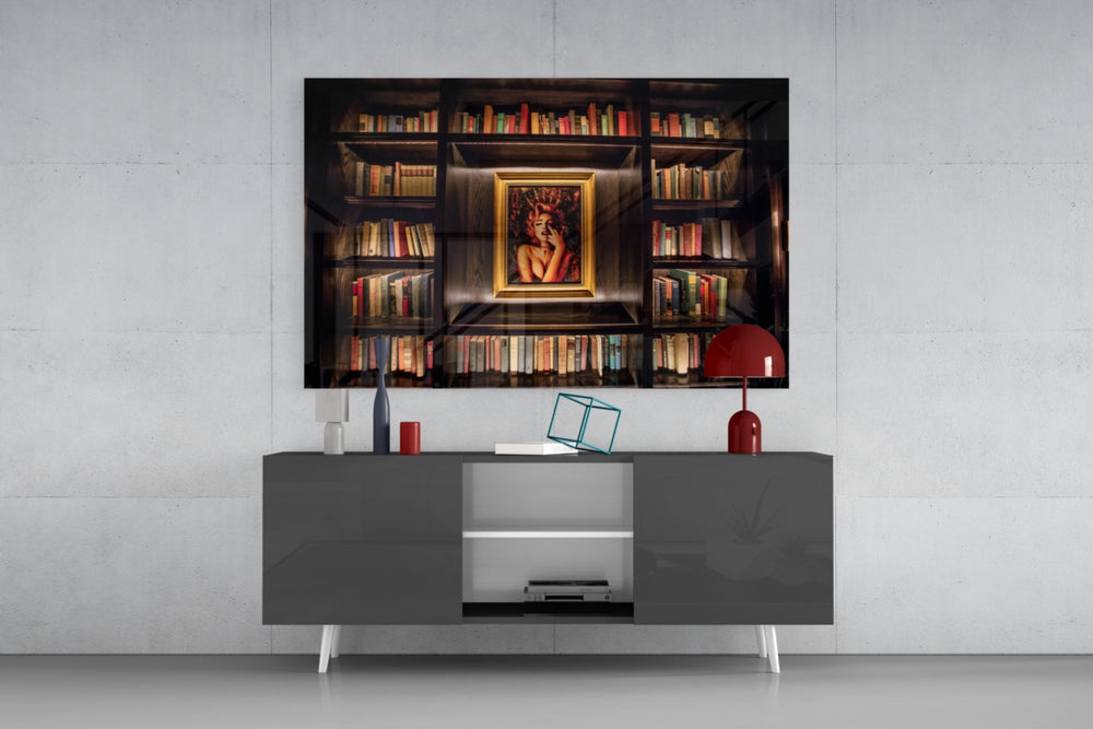 Bookshelf panel catching lamp glow to reveal its scholarly warmth