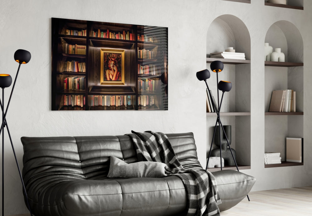 Bookshelf glass wall art styled above a desk in an office