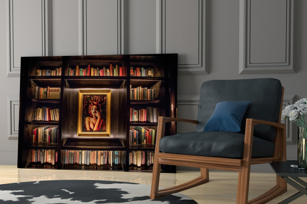 Bookshelf glass print enhancing a living room with cinematic warmth