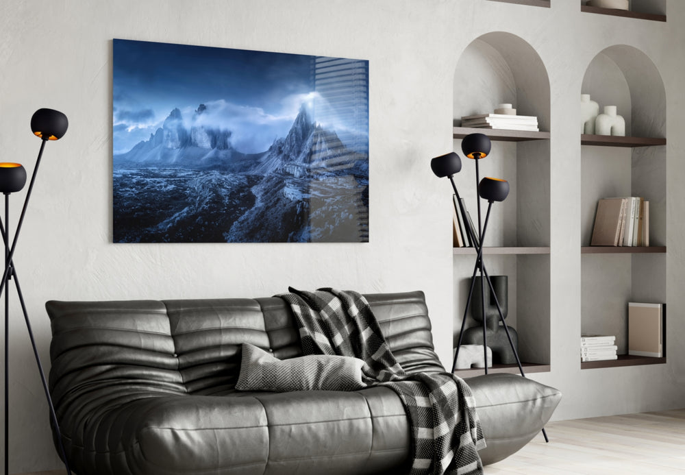 Imposing Mountains glass wall art styled above a desk in an office