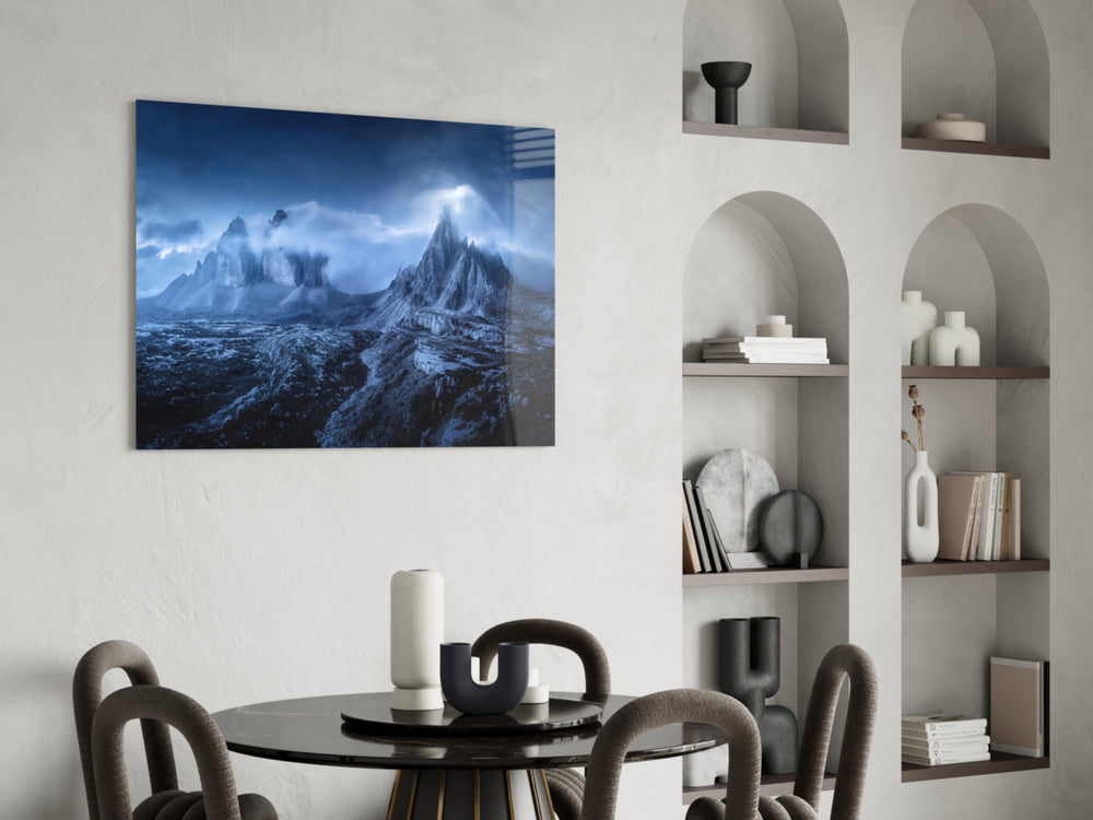 Imposing Mountains panel adding editorial calm to a hallway