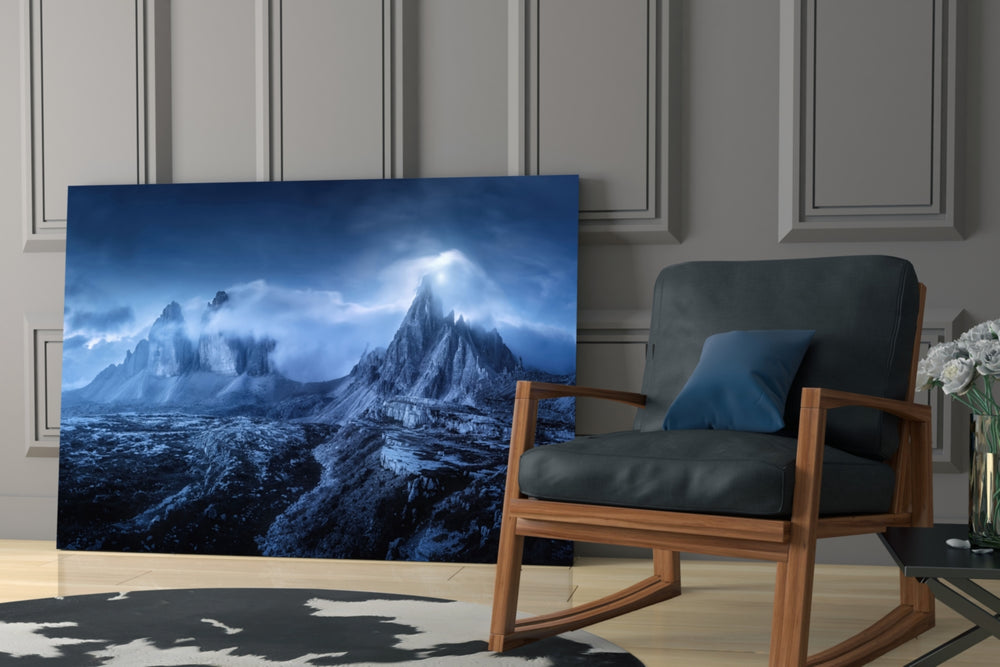 Imposing Mountains glass print enhancing a living room with cinematic gravity