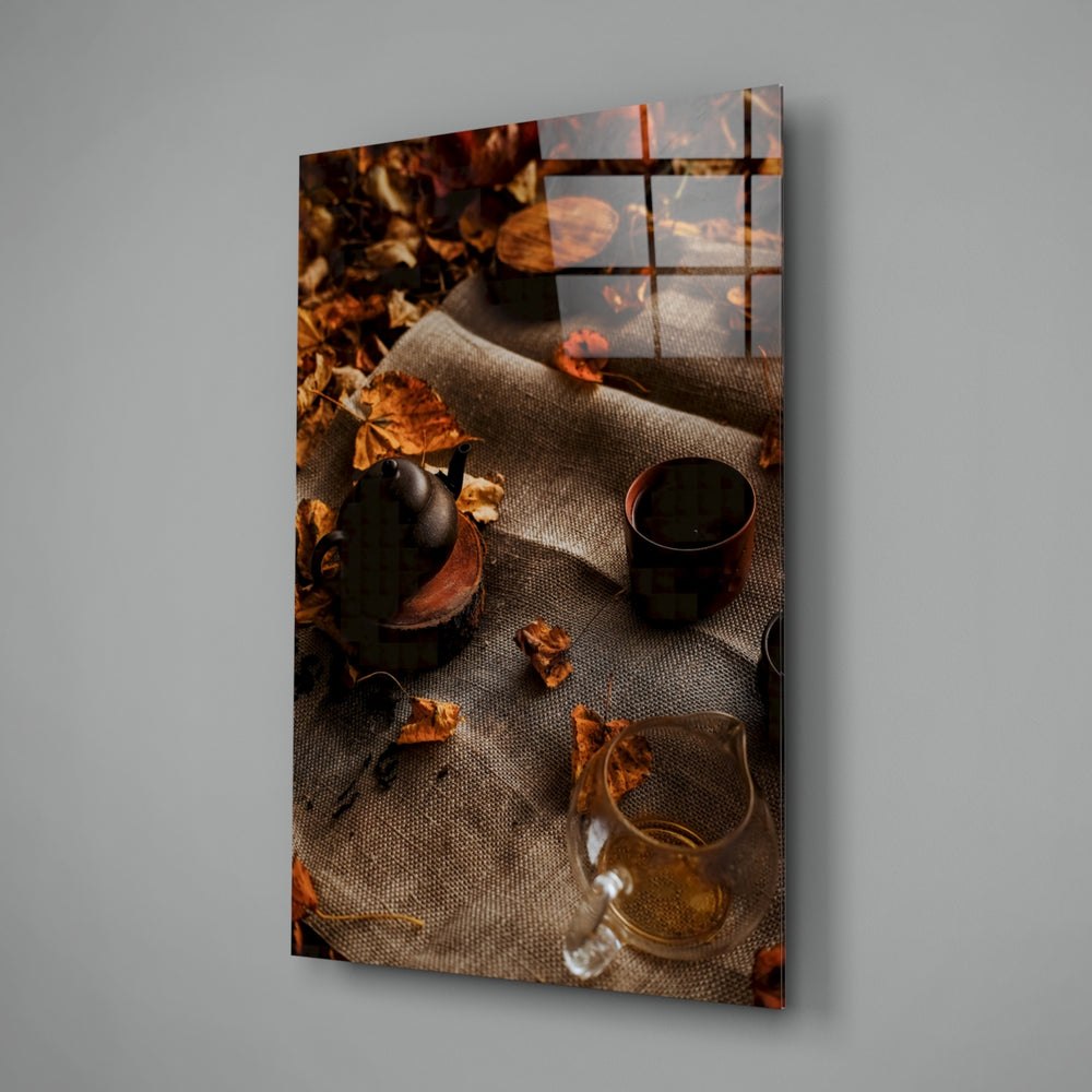 Autumn-still-life panel bringing seasonal warmth to a contemporary dining room