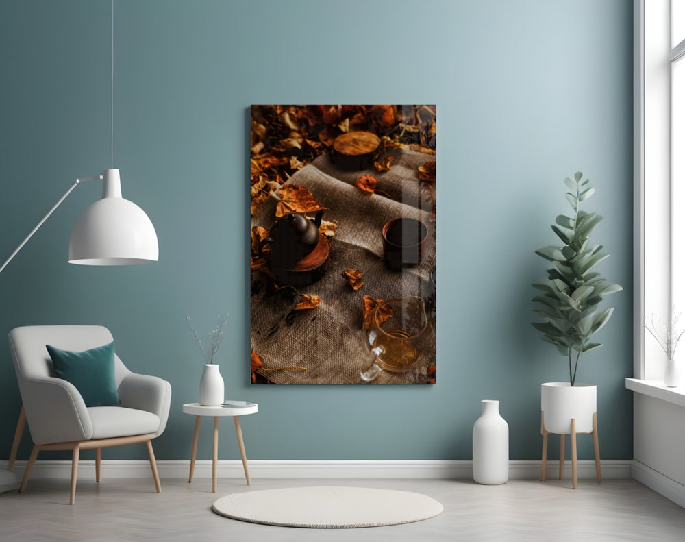 Autumn Picnic glass wall art styled above a coffee bar in a kitchen