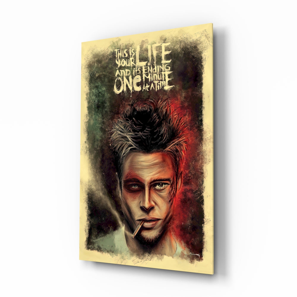 Fight Club glass wall art displayed beside a charcoal sofa in a chalk-walled office lounge with steel desk and matte-black shelving