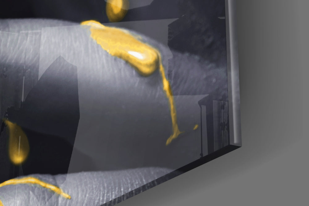 Yellow Lips artwork anchoring a wall with dark glamorous palette