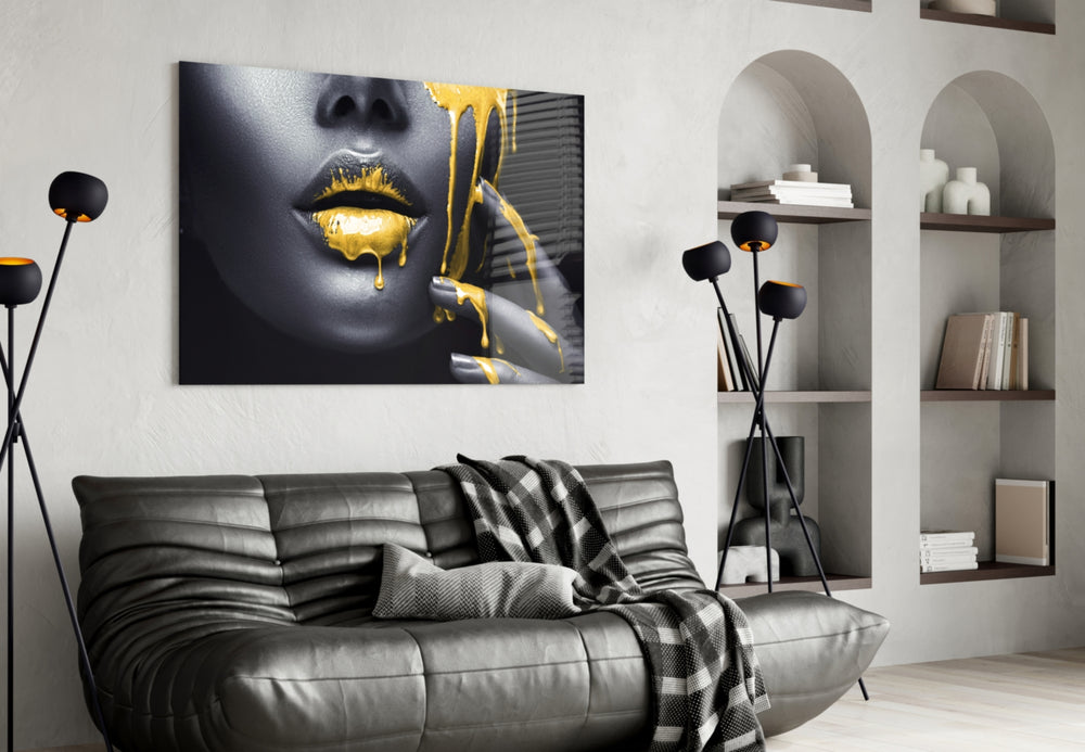 Yellow Lips glass wall art styled above a bed in a bedroom