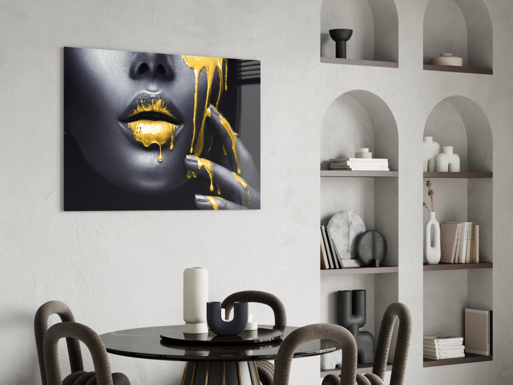 Yellow Lips panel adding editorial elegance to a living room