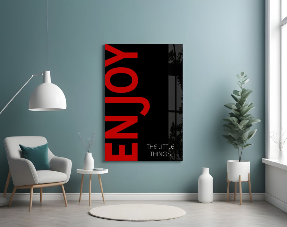Enjoy The Little Things glass wall art styled in a living room