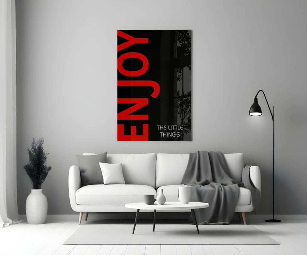 Enjoy The Little Things close-up showing crimson ENJOY type and pale serif tagline