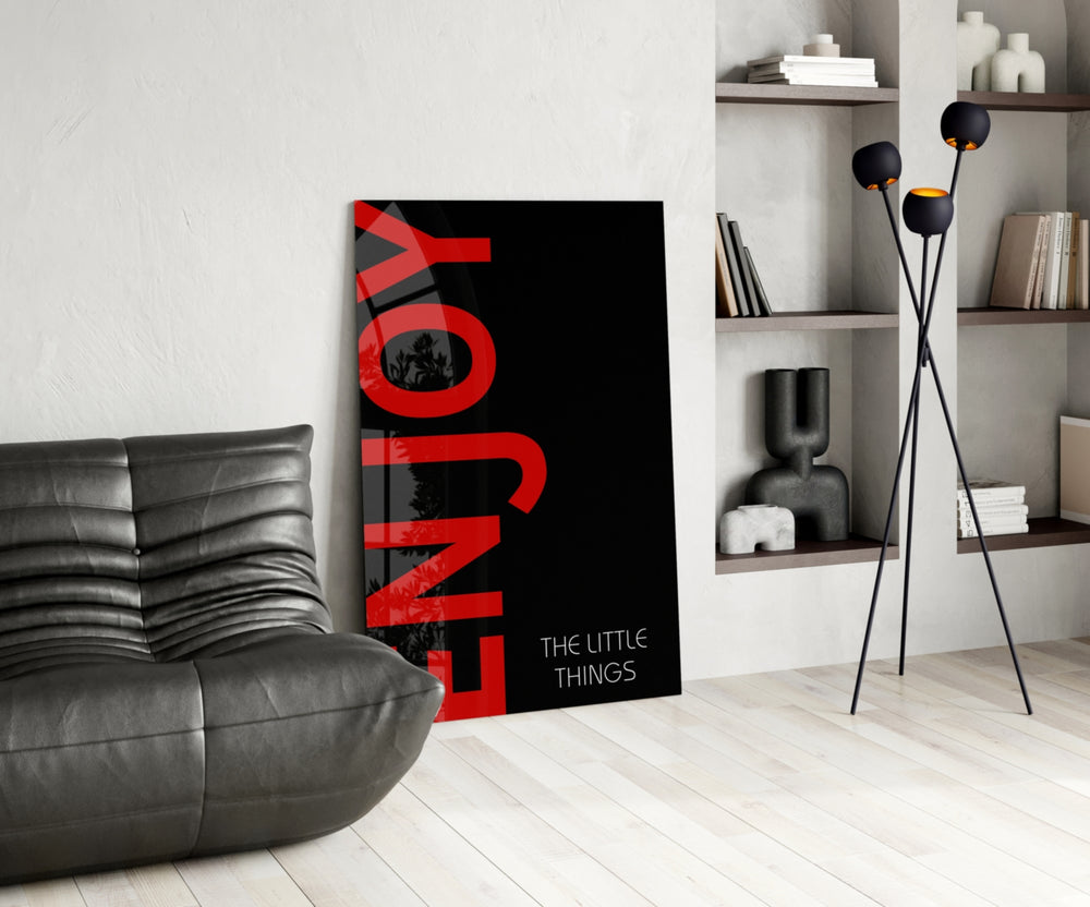 Enjoy The Little Things panel adding editorial focus to an office