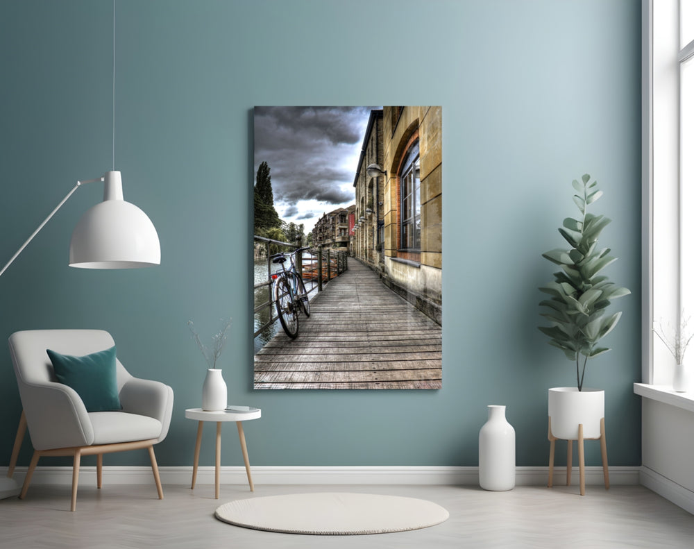 Street View glass wall art styled above a sofa in a living room