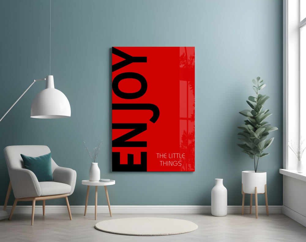 Enjoy The Little Things glass wall art styled in a living room
