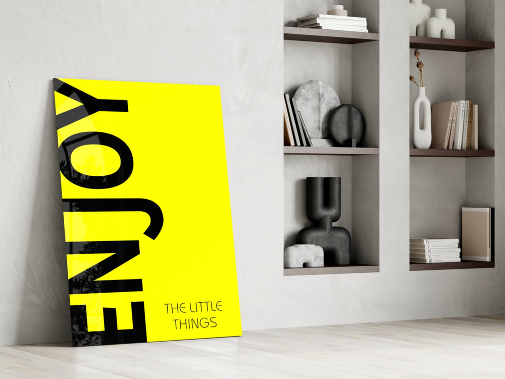 Enjoy The Little Things glass print enhancing a hallway with cinematic warmth