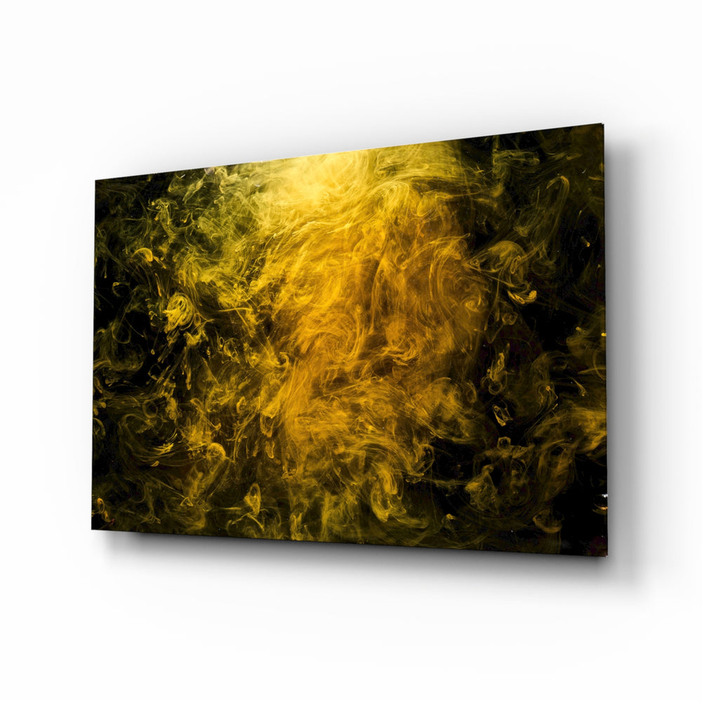 Yellow Smoke glass wall art displayed above a charcoal velvet bed in a slate bedroom with brushed-brass sconces and onyx nightstands