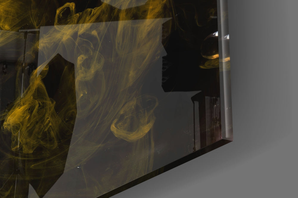 Yellow Smoke artwork anchoring a wall with dark mysterious palette