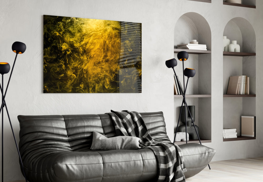 Yellow Smoke glass wall art styled above a bed in a bedroom