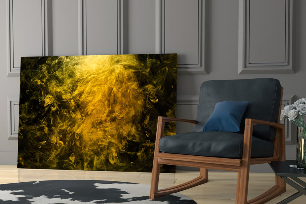 Yellow Smoke glass print enhancing a living room with cinematic gravity