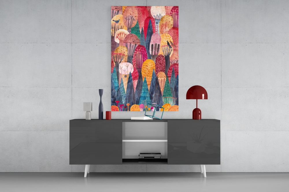 Colorful Trees panel catching window light to reveal its storybook warmth