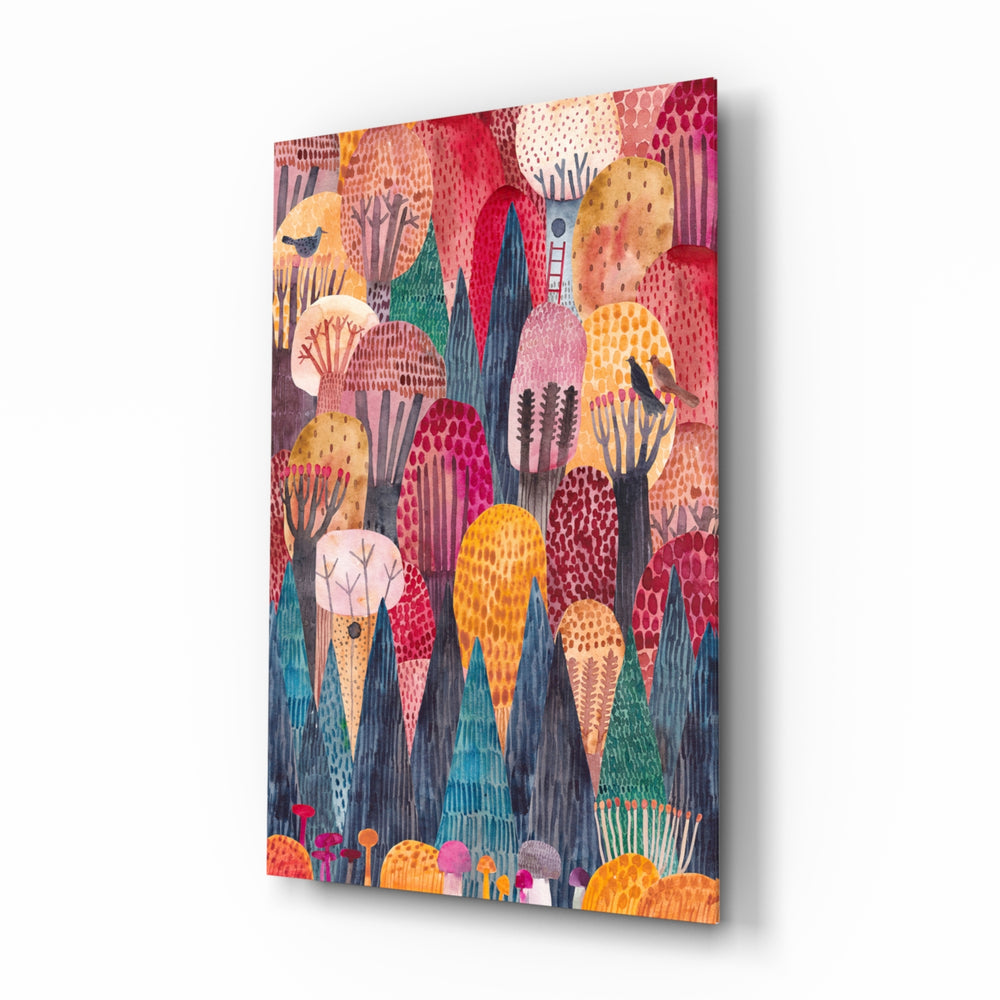 Colorful Trees glass wall art displayed above a linen bed in a soft-blush kids room with rattan nightstands and brushed-brass sconces