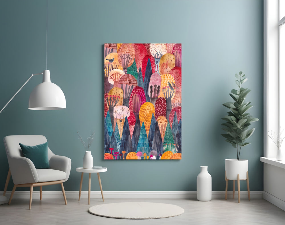 Colorful Trees glass wall art styled above a bed in a kids room