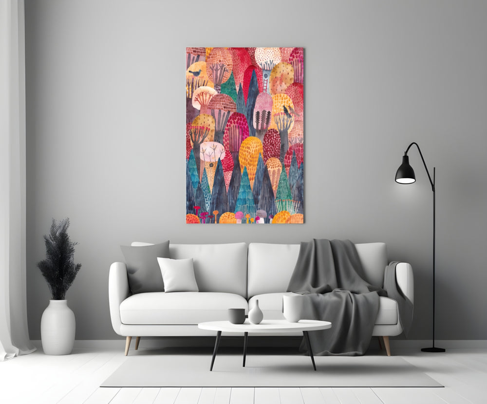 Colorful Trees close-up showing stylized coral indigo and marigold treetops with birds