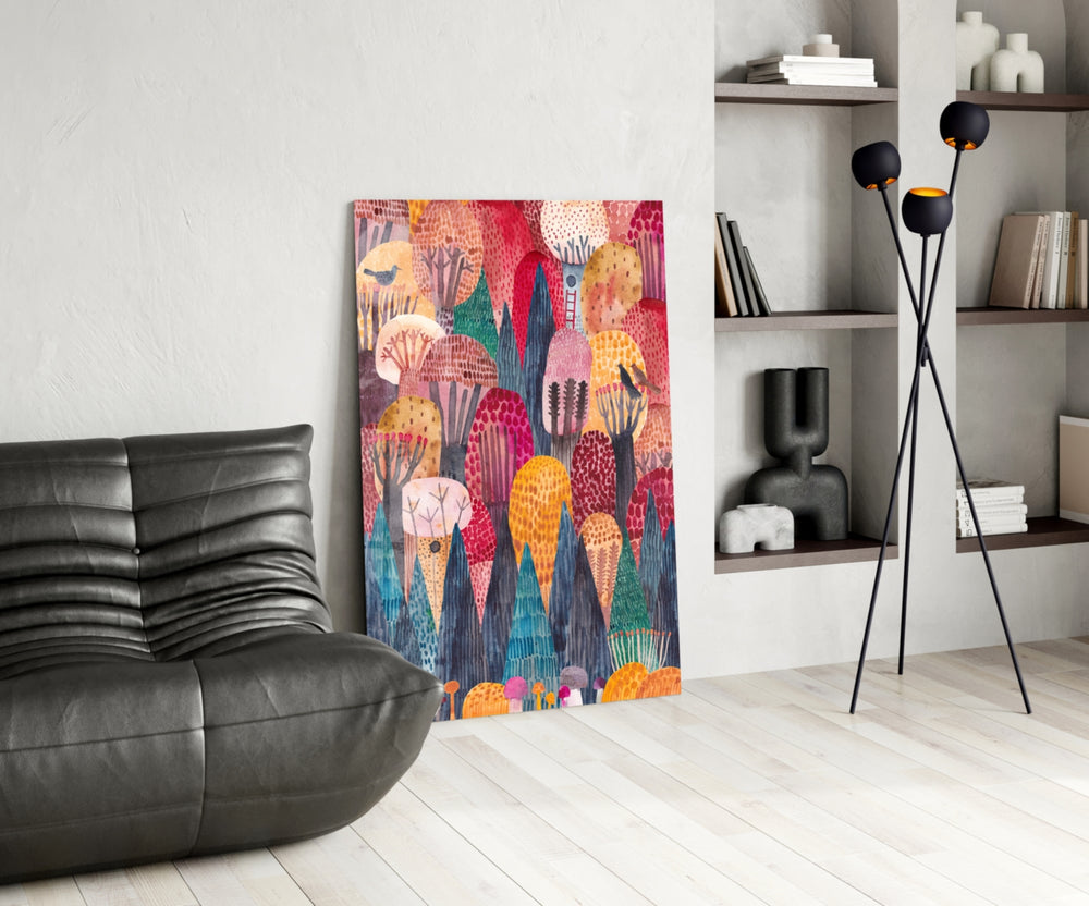 Colorful Trees panel adding editorial whimsy to a hallway