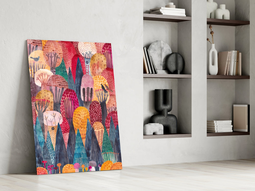 Colorful Trees glass print enhancing a bedroom with cinematic warmth
