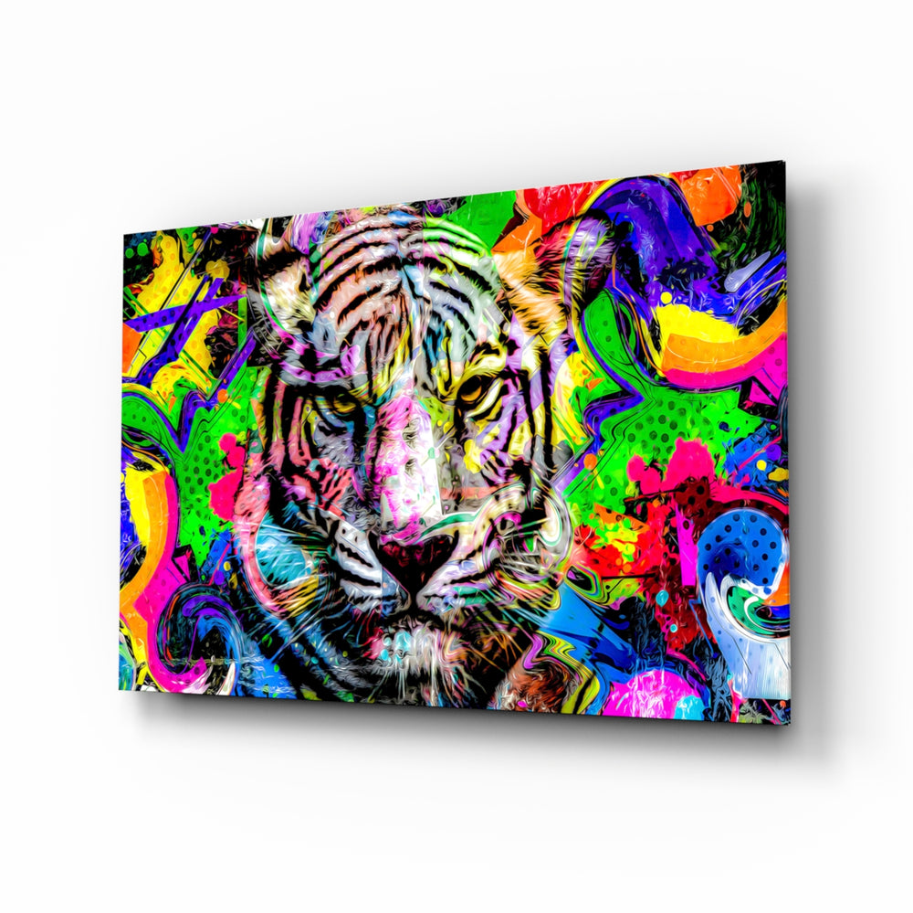 Eye of the Tiger glass wall art displayed above a black gaming sofa in a brick-walled lounge with neon arcade sign and matte-black coffee table