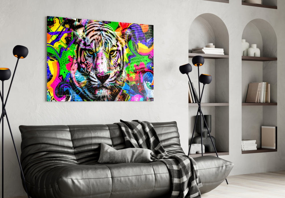 Eye of the Tiger glass wall art styled above a desk in a kids room