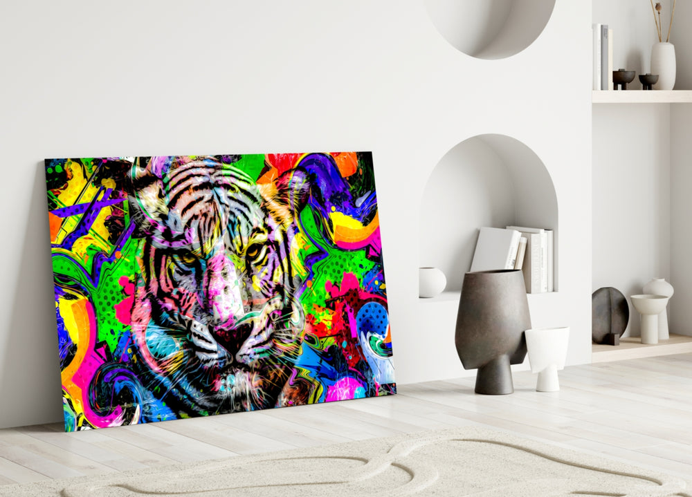 Eye of the Tiger close-up showing striped tiger face amid neon splatter