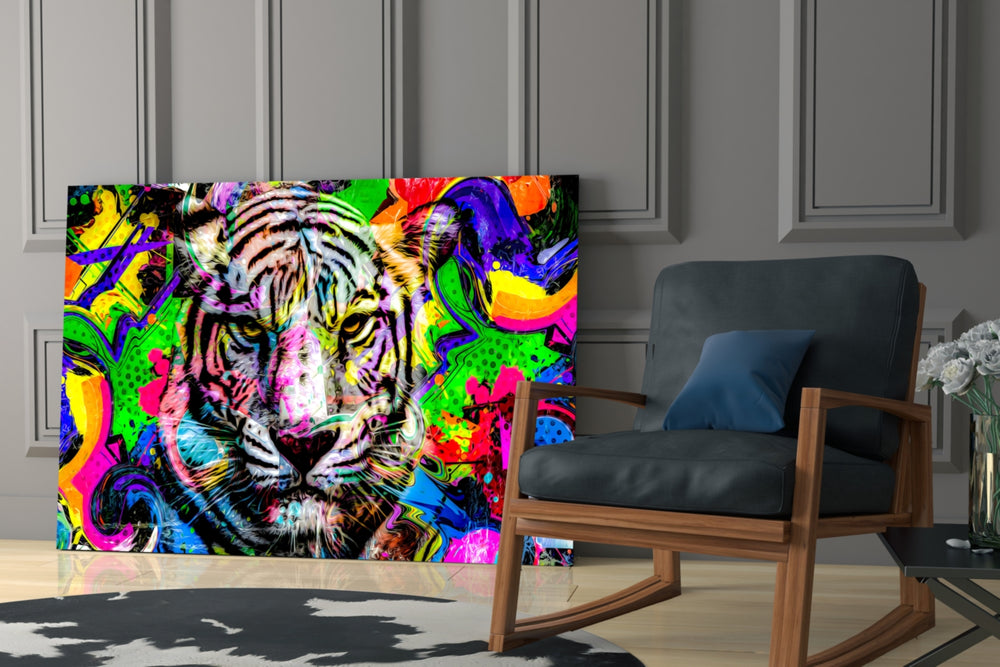 Eye of the Tiger glass print enhancing a living room with cinematic mood