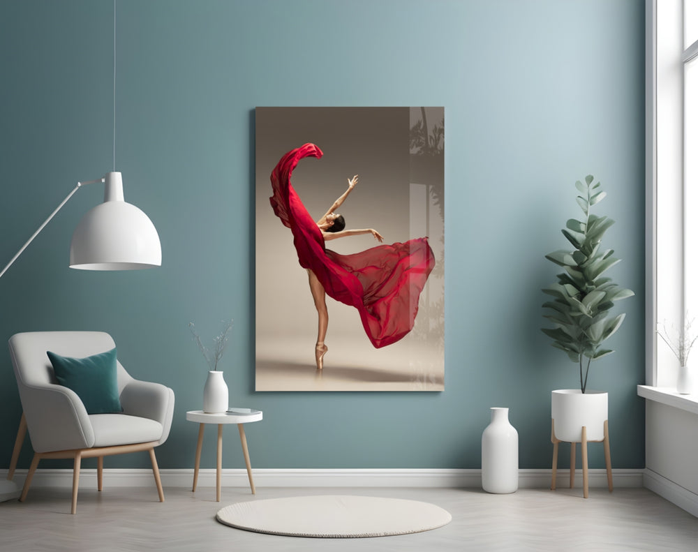 Ballerina glass wall art styled above a bed in a bedroom