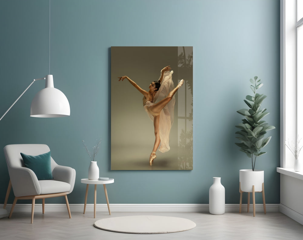 Ballerina glass wall art styled above a bed in a bedroom