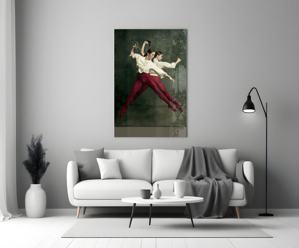 Fencing glass wall art styled above a console in a hallway