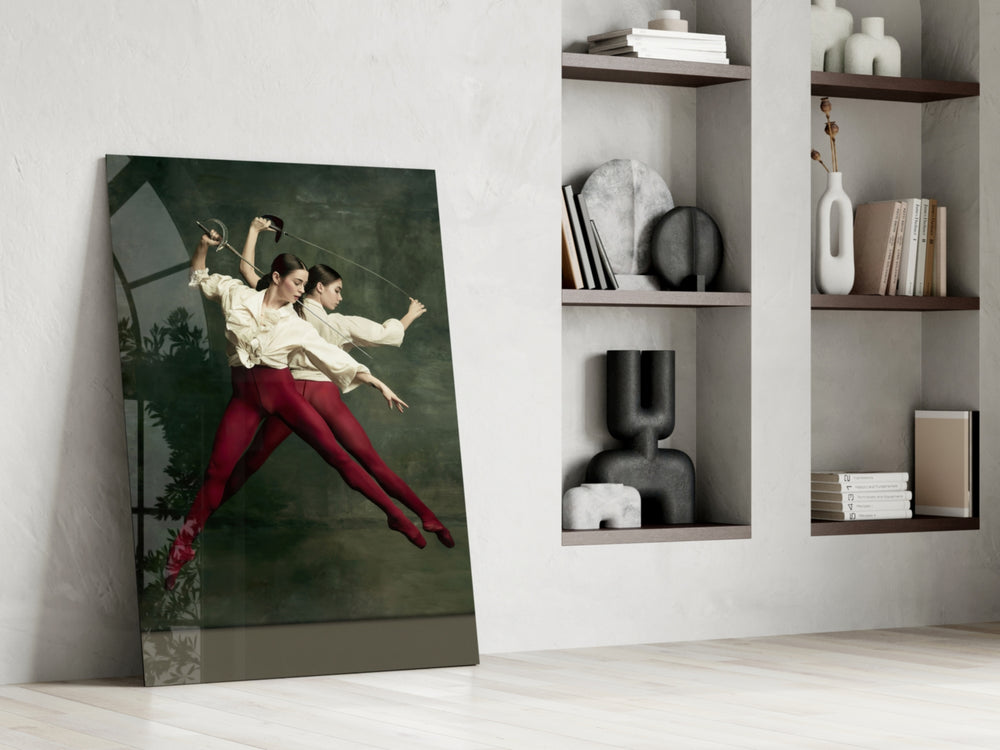 Fencing artwork anchoring a wall with bold dramatic palette