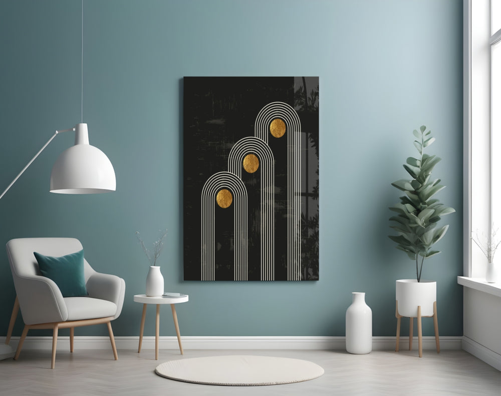 Three Dots glass wall art styled above a sideboard in a dining room