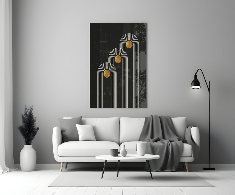 Three Dots close-up showing three pinstripe arches capped with gold circles