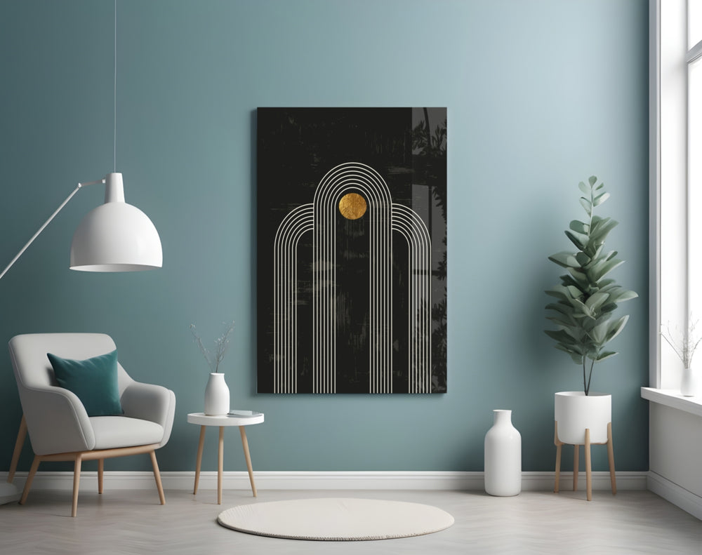 The Dot and Lines glass wall art styled above a sideboard in a dining room