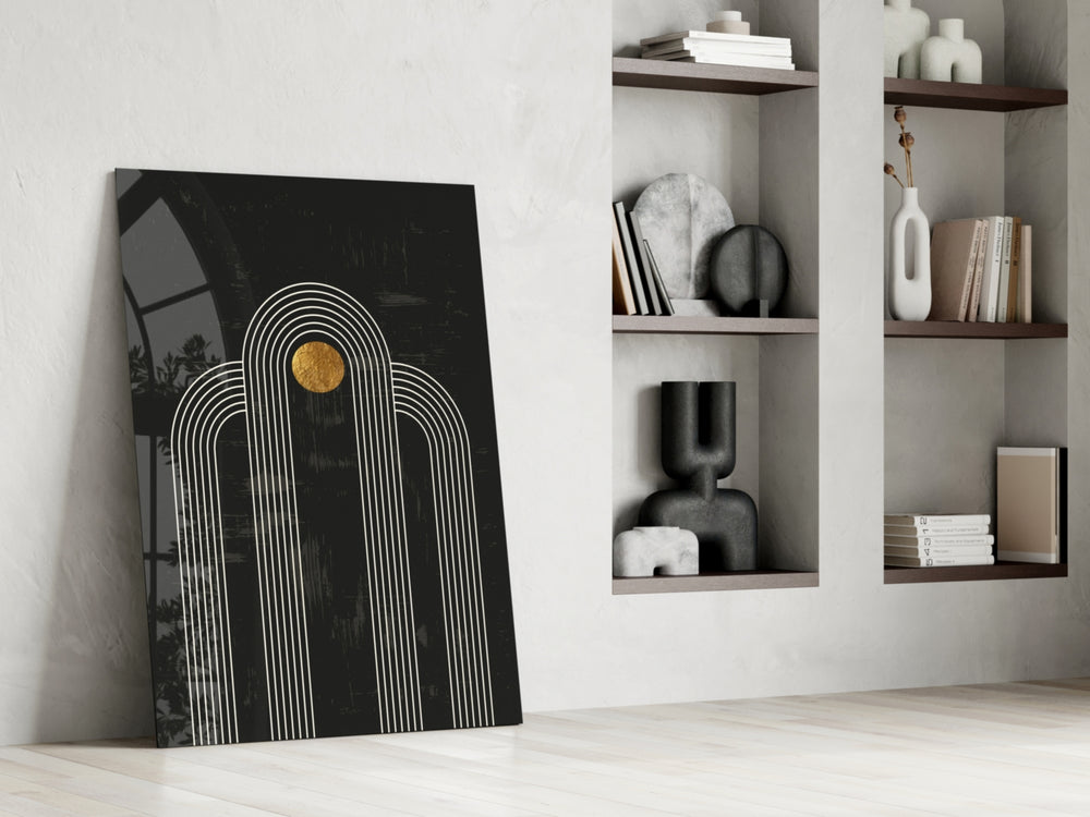 The Dot and Lines glass print enhancing a hallway with cinematic gravity